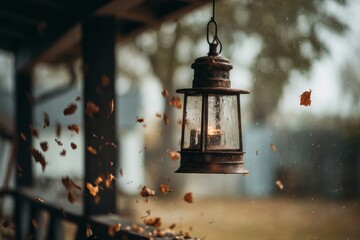 Aufkleber - Old Lantern Hanging on Porch as Leaves Swirl Gracefully in the Autumn Breeze at Dusk Generative AI