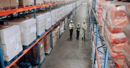 Poster - Logistics, warehouse and team walking for inspection, stock inventory or management by shelves. Above industrial employees, mature people and supply chain with safety, depot or wholesale storage