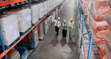 Poster - Team, warehouse and management walking for logistics, stock inventory or inspection by shelves. Above industrial employees, mature people and supply chain with safety, depot or wholesale storage