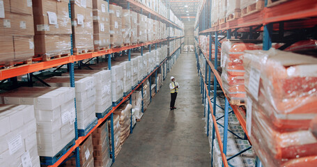 Poster - Warehouse, manager and mature person for logistics, stock inventory or inspection by shelves. Above industrial employee, distribution and supply chain with notes, wholesale checklist or clipboard