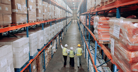 Poster - Warehouse, inspection and people walking for logistics, stock inventory or pointing by shelves. Above industrial employees, distribution and supply chain with back, depot or wholesale storage