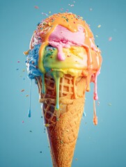 Aufkleber - Colorful Melted Ice Cream Dripping From Waffle Cone on Blue Background During Summer Generative AI