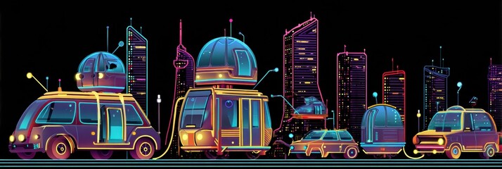 Leinwandbilder - Neon Cityscape Showcasing Futuristic Travel Vehicles With Vibrant Lights and Sleek Designs in an Urban Environment at Night Generative AI
