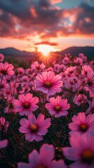 Wall Mural - pink cosmos field at sunset