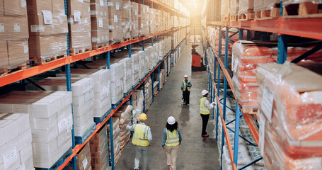 Poster - Supplier, warehouse and employees walking for logistics, stock inventory or inspection by shelves. Above of industrial people, distribution and supply chain with safety, depot or wholesale storage