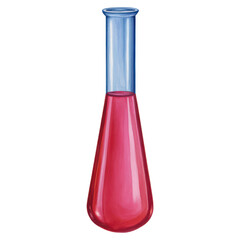 Poster - colorful laboratory flask with red liquid and blue neck design, isolated on transparent background.