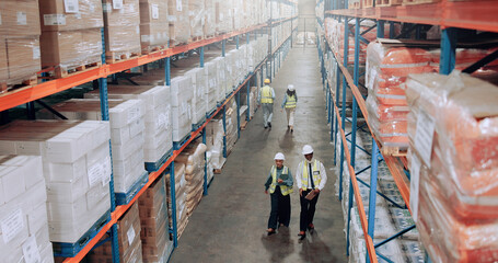 Poster - People, distribution warehouse and supplier stock for logistics, inventory or inspection by shelves. Above industrial men women and walking for supply chain with safety, depot or wholesale storage