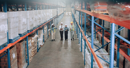 Poster - Distribution warehouse, people and management team for logistics, inventory or inspection by shelves. Above industrial men, women and walking for supply chain with safety, depot or wholesale storage