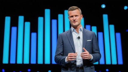 Poster - A professionally dressed man gives a presentation on stage with blue vertical bars in the background.