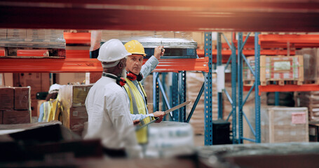 Poster - Warehouse, inspection and team walking for logistics, stock inventory or pointing by shelves. Industrial employees, distribution and mature men with online database, checklist and wholesale storage