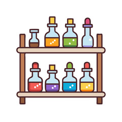 Poster - Colorful potion bottles on wooden shelf illustration for science and chemistry experiments lab setup
