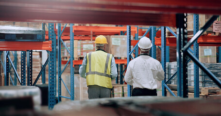 Poster - Warehouse, men and team walking for logistics, stock inventory or inspection by shelves. Industrial employees, distribution and back of people for shipping cargo, wholesale storage or factory