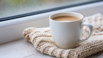 Poster - A ceramic mug filled with a hot beverage sits on a knitted cloth beside a frosted window, providing a cozy atmosphere ideal for relaxation during cold weather