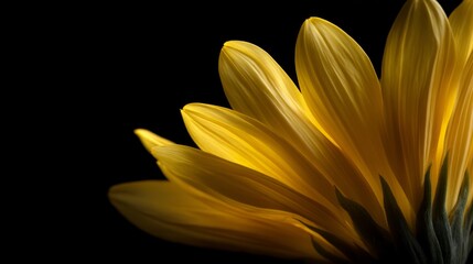 Leinwandbilder - A vibrant sunflower displays bold yellow petals in soft light against a dark background, creating sharp details and ample copy space
