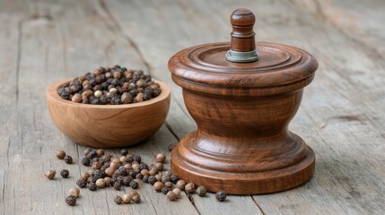 Aufkleber - A vintage spice grinder rests on a rustic wooden surface, overflowing with whole peppercorns