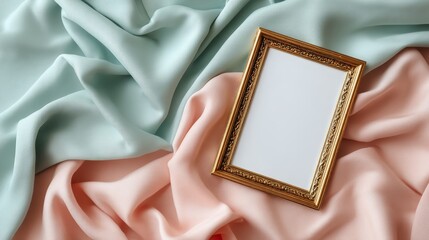 Poster - A vintage-style photo frame lays flat on pastel-colored textured fabric, with a blank space inside, inviting creative use and personalization for memories or art