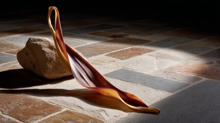 Leinwandbilder - A glowing leaf icon displays rich red and gold tones, softly illuminated on a textured stone surface, creating a warm and inviting atmosphere with available design space
