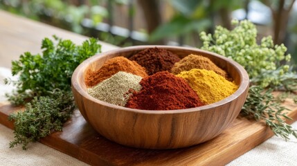 Aufkleber - Close-up view displays a rustic clay platter brimming with assorted dried spices in bright colors, surrounded by fresh herbs and warm natural light enhancing the scene