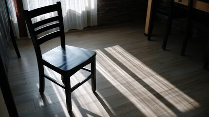 Aufkleber - A close-up of a stylish ebony chair in a minimalist space, creating dramatic shadows on a polished oak floor illuminated by a beam of light