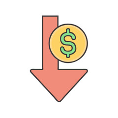 Poster - Decrease in value concept with down arrow and dollar coin for financial loss illustration