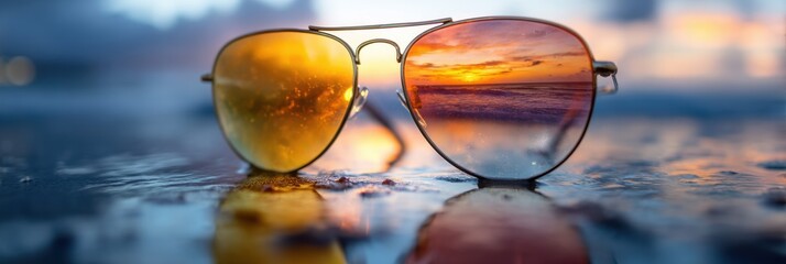 Poster - Sunglasses Reflecting Vibrant Sunset Over Ocean Horizon With Waves Gently Lapping at the Shore Generative AI