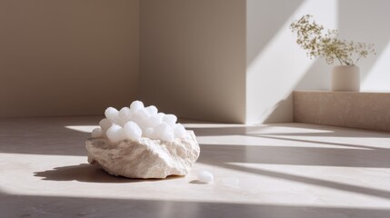 Fototapete - Soft white surface illuminated by diffused natural light creates a serene atmosphere, with shadows adding depth and enhancing texture, perfect for product display