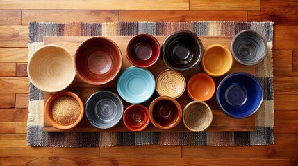 Poster - Assorted ceramic and bamboo bowls of different shapes and sizes are artfully arranged on a light oak surface, illuminated by warm, inviting light