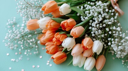 Poster - Vibrant tulip blooms in peach and cream sit on a mint green background. This top-down view features ample copy space for festive spring messages