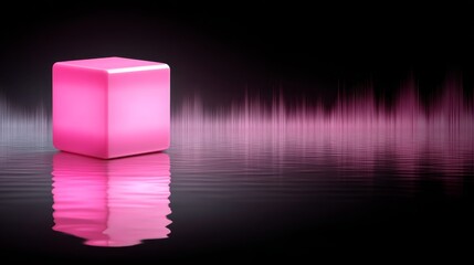 Fototapete - A glowing pink cube levitates above a dark background, accompanied by dynamic soundwave pulses that respond to audio, creating a captivating visual display