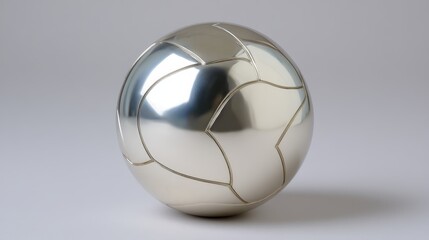 Poster - Chrome-like orb with deep curves and segmented design rests on a neutral grey background, revealing striking reflections and ample copy space for customization