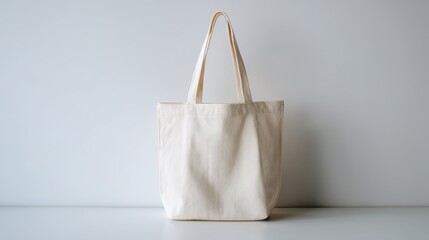 Poster - A folded reusable cloth tote bag in neutral tones rests on a clean white surface, showcasing its slight creases and offering ample copy space on the left