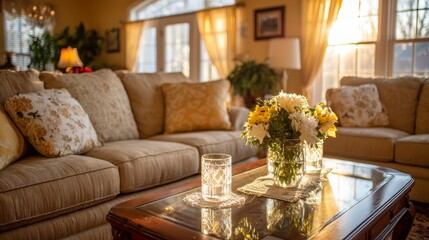 Poster - Golden sunlight fills a cozy living room with warm hues, illuminating floral arrangements on a table and creating a welcoming atmosphere