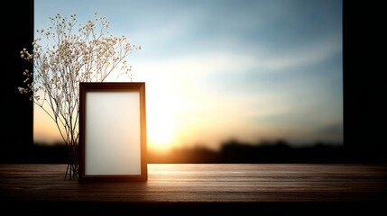 Poster - An empty black tabletop showcases a blank picture frame and delicate floral decor beside a window, illuminated by the warm glow of a sunset sky