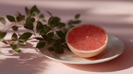 Leinwandbilder - A fresh slice of fruit rests on a ceramic dish beside green leaves, all set against a softly lit pastel background, perfect for creating a calm atmosphere