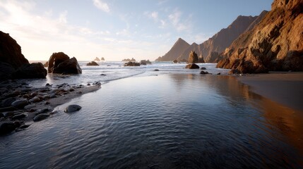 Aufkleber - Glowing orange sun sets behind jagged rocks along the cliff edge, casting warm rays on the surrounding terrain and reflecting off tranquil waters