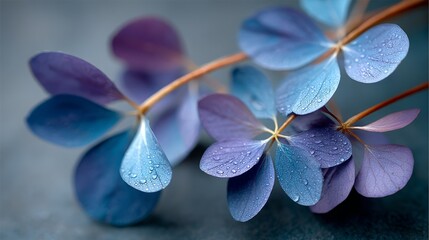 Poster - Indigo petals display a captivating sheen from tiny droplets, softly illuminated from above, with a blurred dark background offering ample copy space on one side