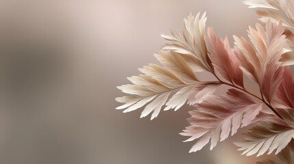 Poster - A macro shot features a delicate fern leaf with intricate veins in soft beige and taupe tones. The blurred petal-like background enhances the ethereal quality