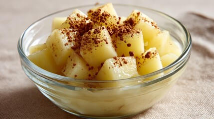 Poster - This beautifully arranged pear compote dessert showcases tender pear pieces dusted with cinnamon, resting in a glass bowl against a soft beige backdrop