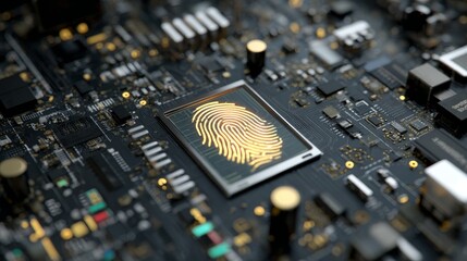 Aufkleber - Glowing biometric fingerprint overlay displayed prominently on a digital circuit board, symbolizing secure digital access with ample space for additional text