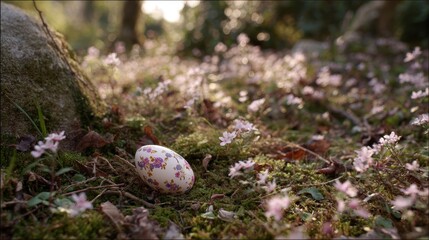 Poster - A pastel-painted ceramic egg rests gently on lush moss, surrounded by delicate blossoms under soft sunlight, creating a tranquil spring atmosphere