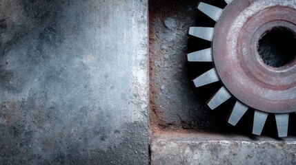 Poster - A heavy bronze cog with finely crafted teeth rests prominently on a textured steel surface, highlighting the beauty of industrial materials and design elements