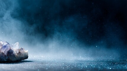 Leinwandbilder - Close-up of a shimmering quartz cluster surrounded by misty wisps and sparkling particles, showcasing its beauty against a rich navy background