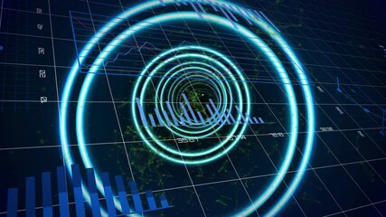 Poster - Concentric neon rings glowing over dark grid showing translucent blue bars, pulsing red green lines