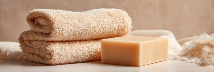 Aufkleber - Soft Beige Towel and Soap Bar Arranged Neatly on a Clear Beige Background for a Serene and Clean Aesthetic Generative AI