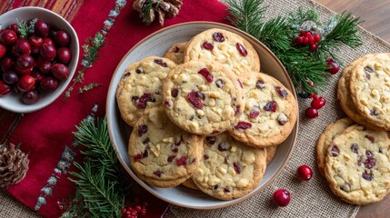 Aufkleber - A ceramic bowl filled with warm cookies sits on a textured tablecloth, surrounded by seasonal decor like berries and greenery, creating a cozy atmosphere