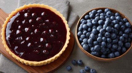 Poster - A warm blueberry tart with a flaky golden crust sits next to a rustic bowl filled with fresh blueberries, creating an inviting homemade dessert display