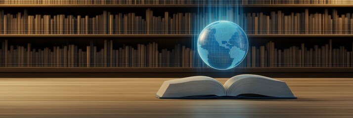 Poster - A Mystical Library and the Global Book - An open book in a grand library; a glowing globe hovers above, symbolizing knowledge, wisdom, exploration, connection, and global learning