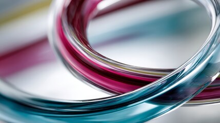 Fototapete - Vibrant torus-shaped object showcases liquid-like finish with metallic swirls reflecting in magenta and teal tones, offering ample copy space on the left