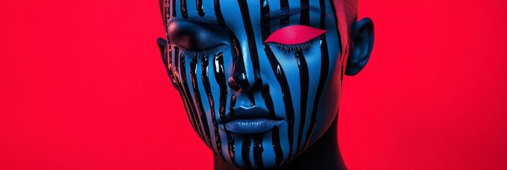 Poster - Abstract Blue Face Art - Close-up of a face with blue and black striped paint, striking pink eyeliner, set against a red background. Modern and artistic
