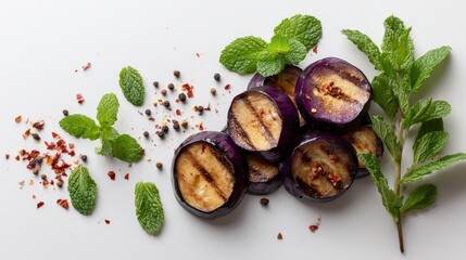 Poster - Top-down view showcases grilled eggplant slices garnished with fresh mint, cracked black pepper, and vibrant chili flakes against a pristine white backdrop